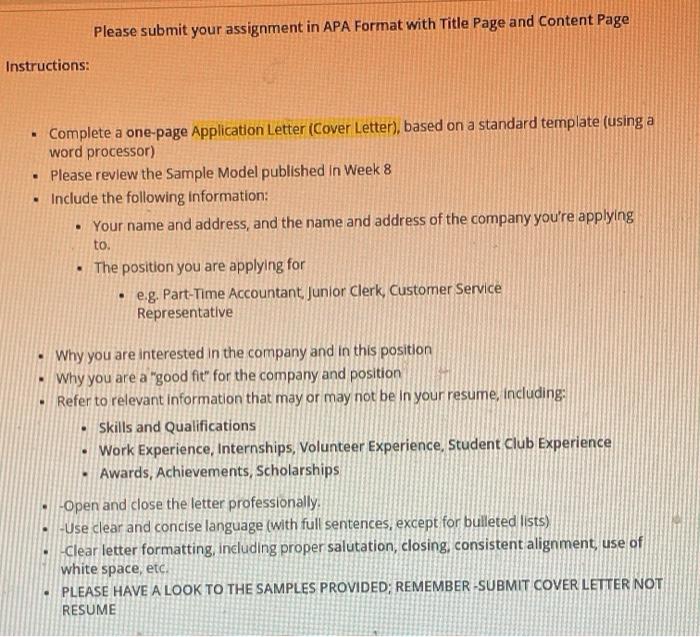 Instructions: . Complete a One Page Application