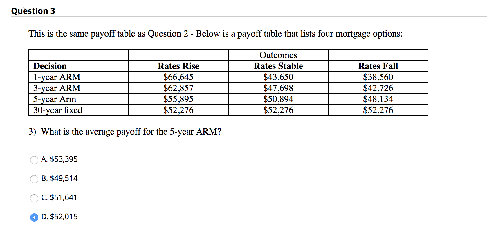 Question 3 This is the same payoff table as