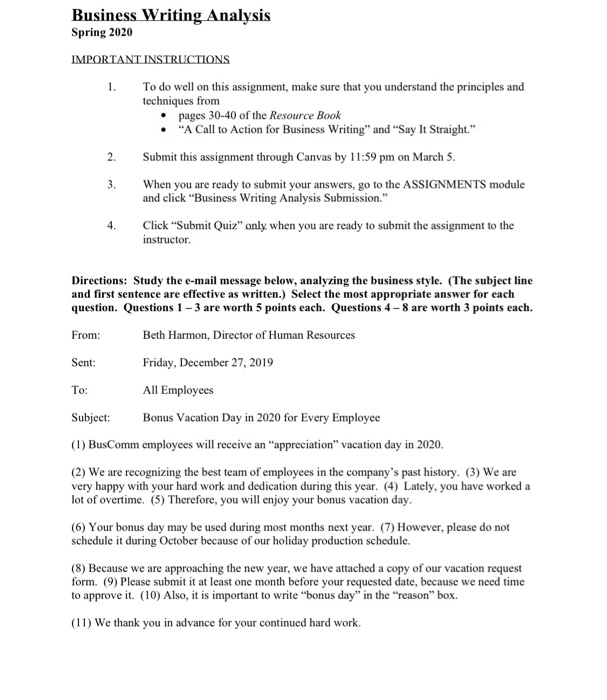 Business Writing Analysis Spring 2020 IMPORTANT