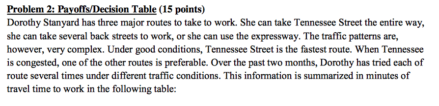 Problem 2: Payoffs/Decision Table (15 points)