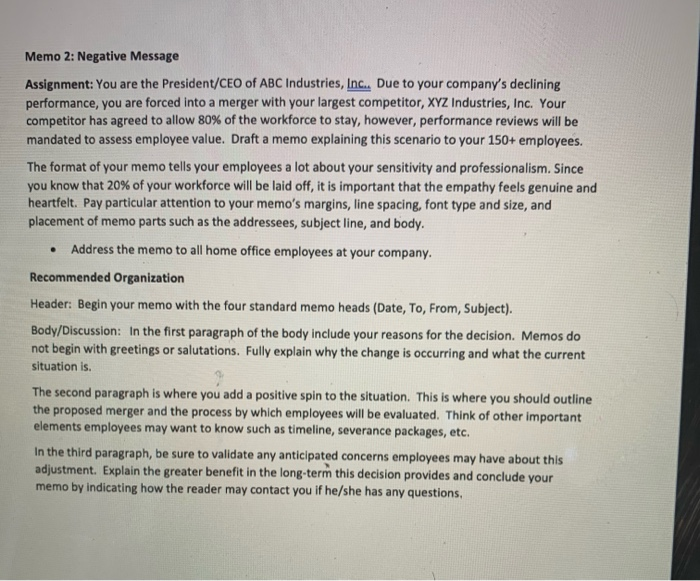 Memo 2: Negative Message Assignment: You are the