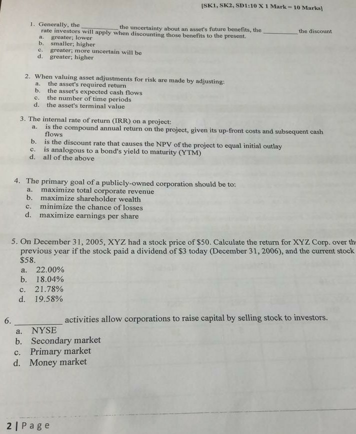 (SK1, SK2, SD1:10 X 1 Mark - 10 Marks the