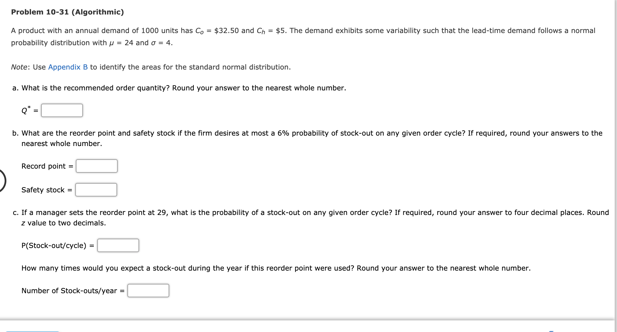 Problem 10-31 (Algorithmic) $32.50 and Ch = $5.
