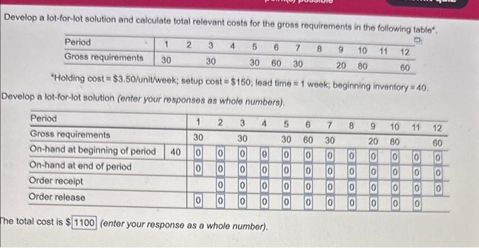 Develop a lot-for-lot solution and calculate