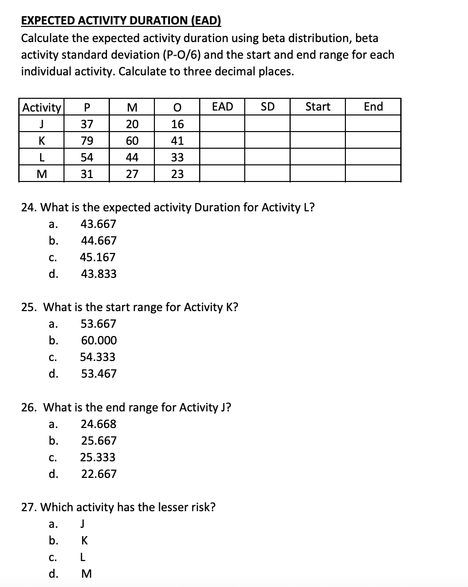 EXPECTED ACTIVITY DURATION (EAD) Calculate the