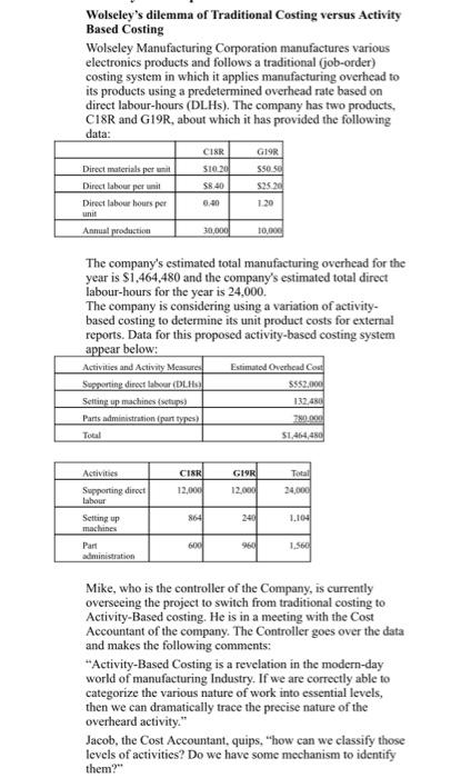 Wolseley's dilemma of Traditional Costing versus