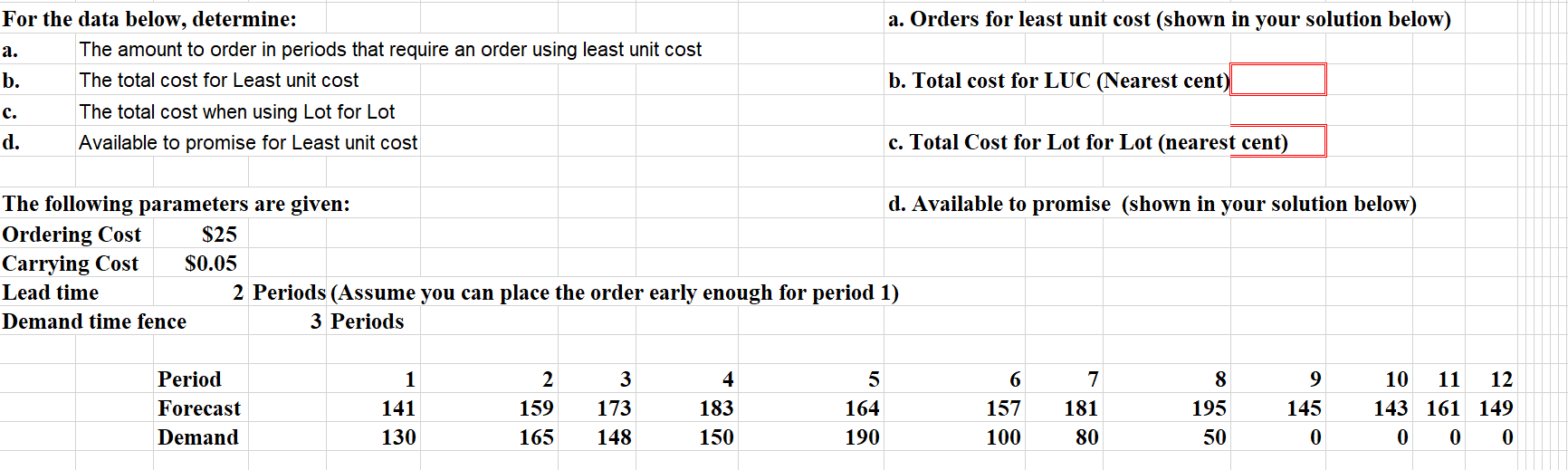 a. Orders for least unit cost (shown in your