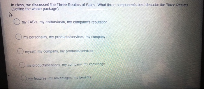 In class, we discussed the Three Realms of Sales.