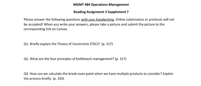 MGMT 484 Operations Management Reading Assignment