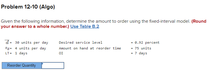Given the following information, determine the