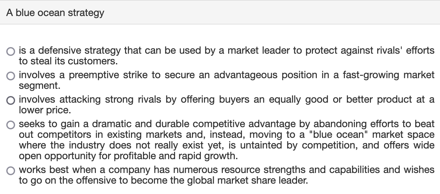 A blue ocean strategy O is a defensive strategy