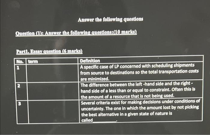 Answer the following questions Question (1):