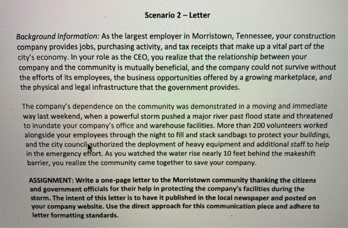 Scenario 2 - Letter Background Information: As