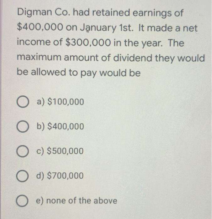 Digman Co. had retained earnings of $400,000 on