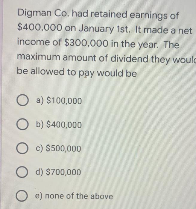 Digman Co. had retained earnings of $400,000 on