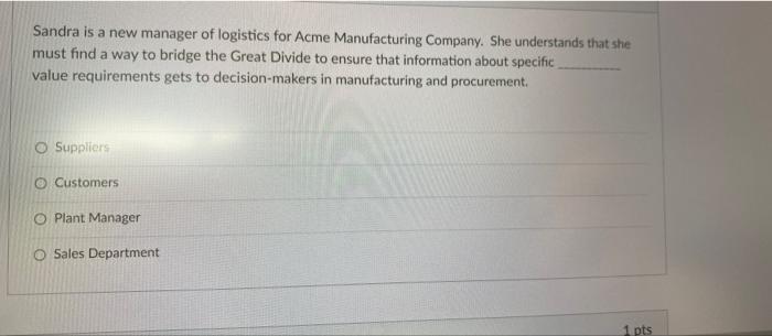 Sandra is a new manager of logistics for Acme