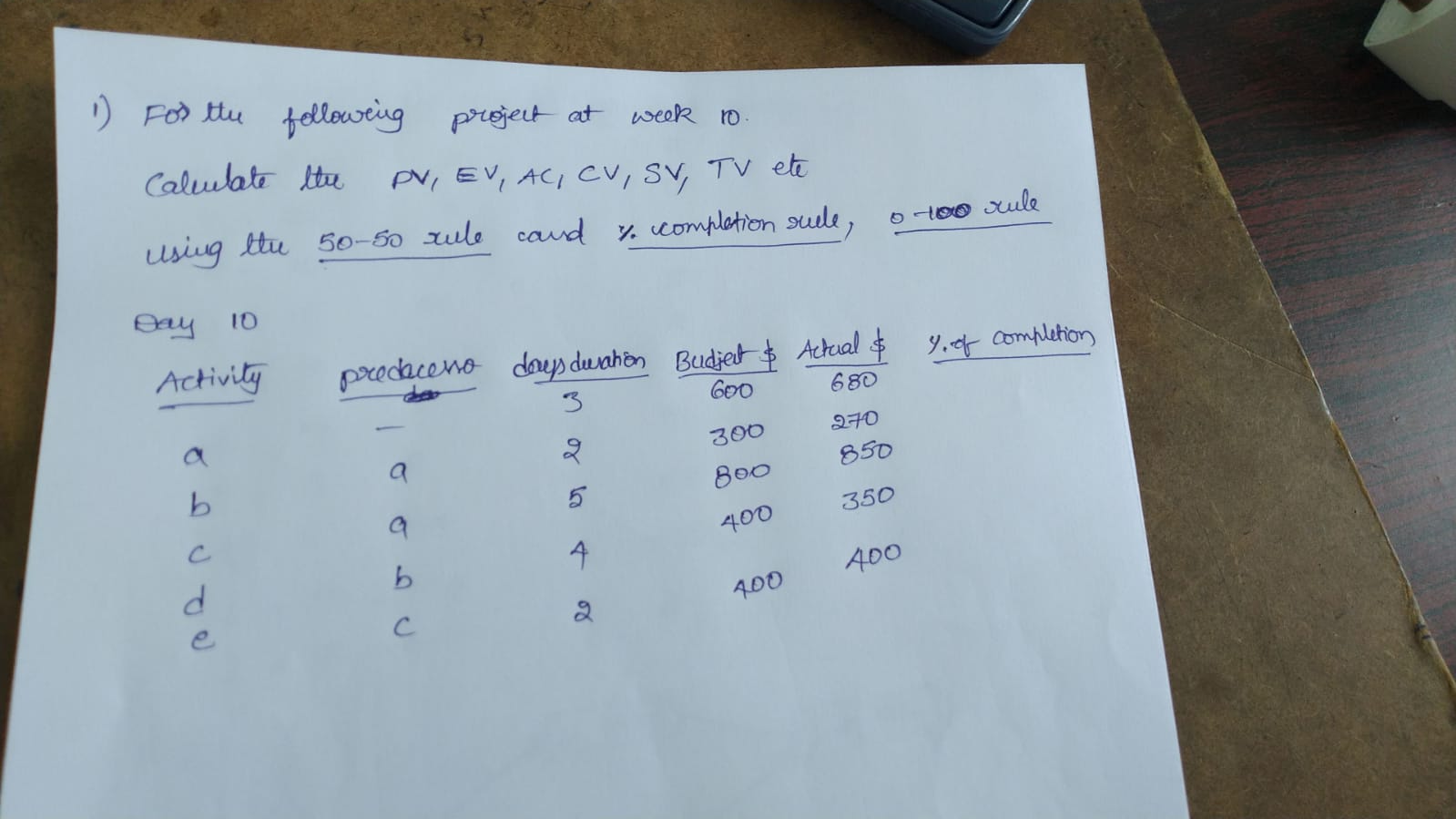 AU NON 1 day behind schedul 1) For the following
