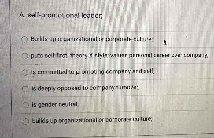 A. self-promotional leader; Builds up