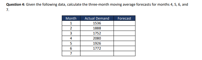 Question 4: Given the following data, calculate