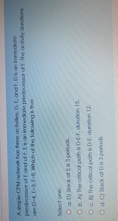 A simple CPM network has three activities, D, E,