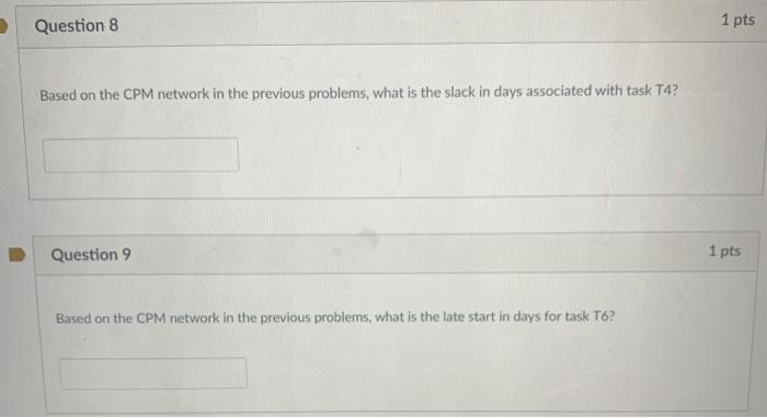 Question 8 1 pts Based on the CPM network in the