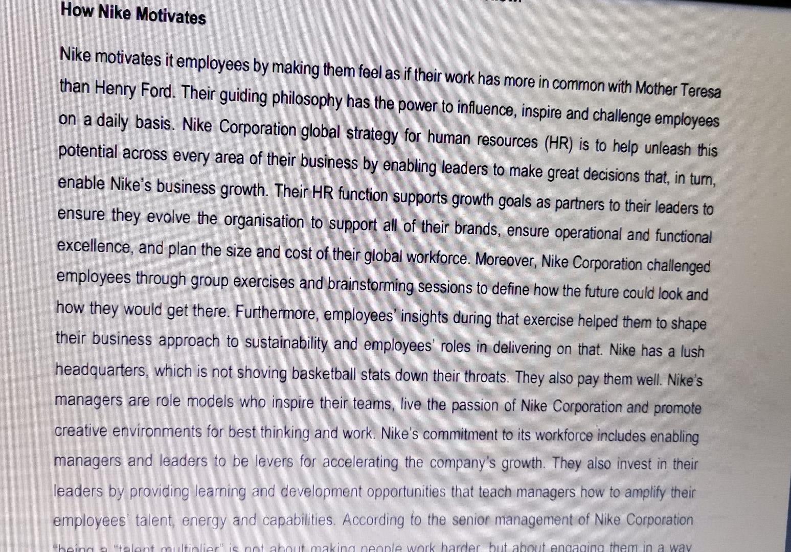 Case study How Nike motivate With reference to