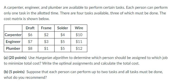 A carpenter, engineer, and plumber are available