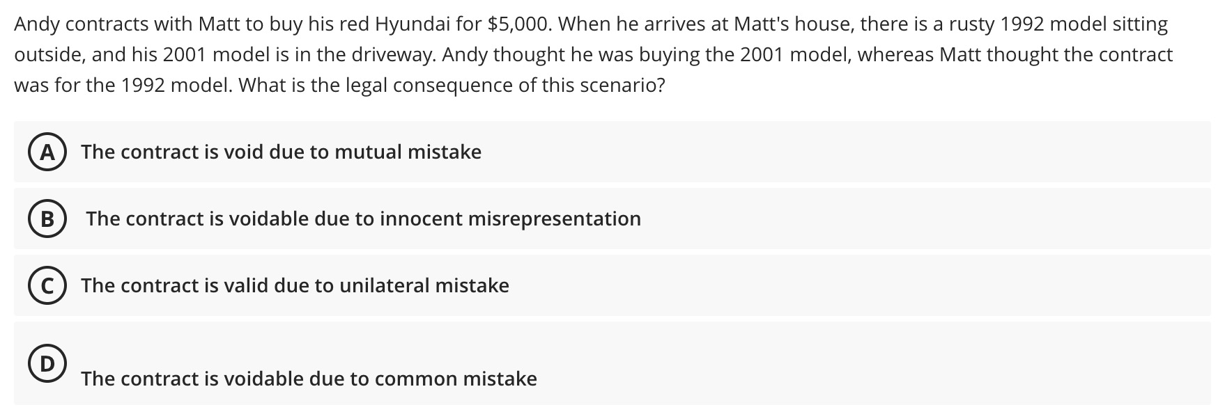 Andy contracts with Matt to buy his red Hyundai