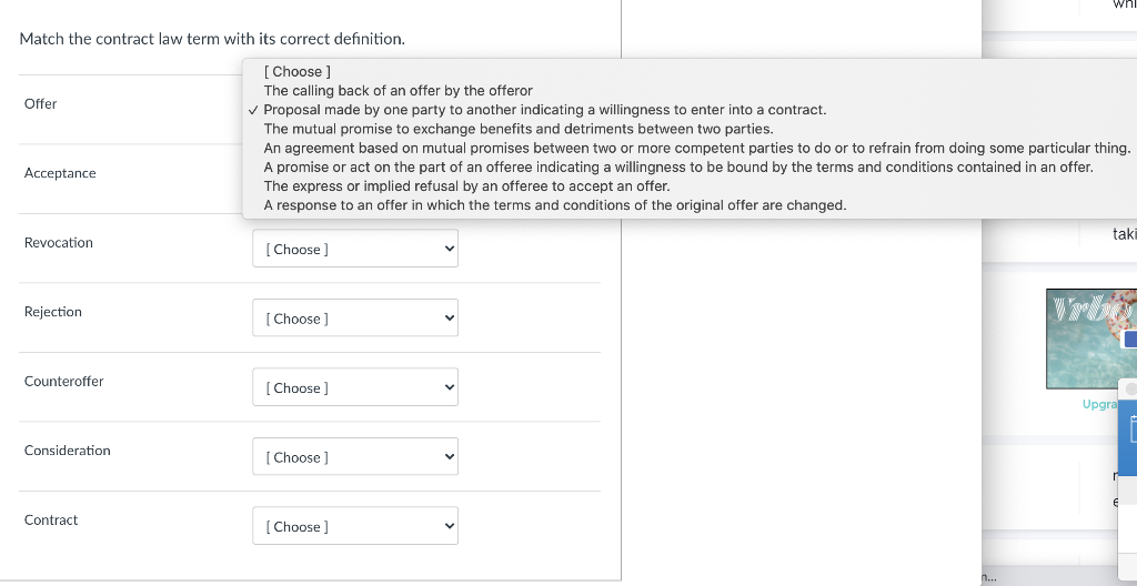 Match the contract law term with its correct