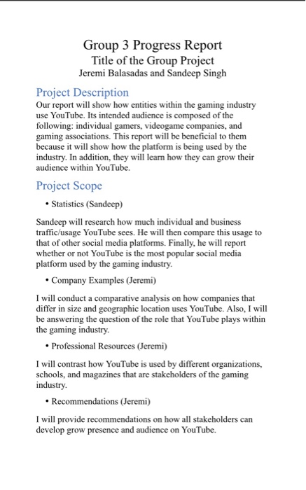 Group 3 Progress Report Title of the Group