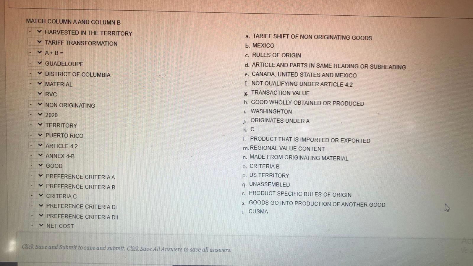 MATCH COLUMN AAND COLUMNB a. TARIFF SHIFT OF NON