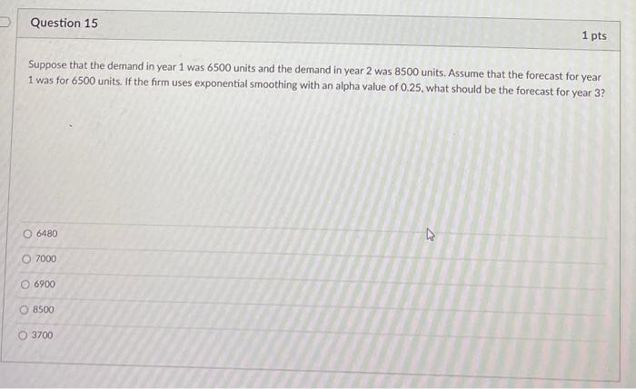 Question 15 1 pts Suppose that the demand in year