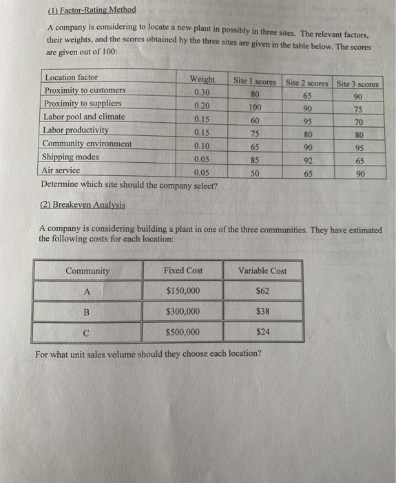 (1) Factor-Rating Method A company is considering