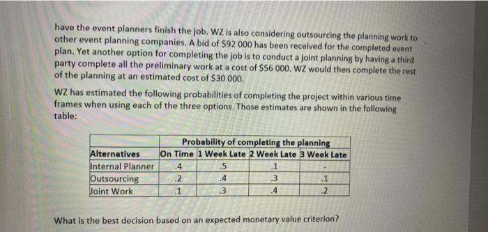 Question 4.3 WZ Inc. is an event planning and