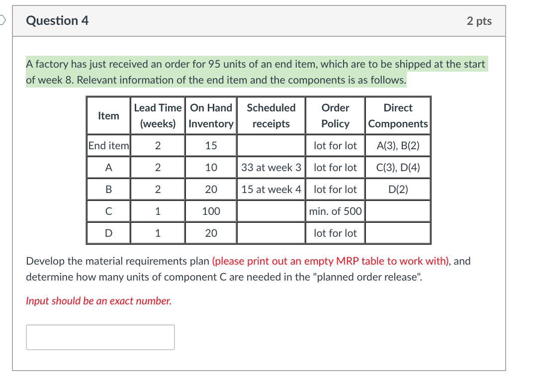 A factory has just received an order for 95 units