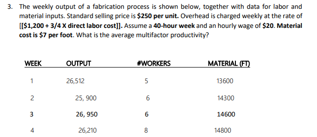 3. The weekly output of a fabrication process is