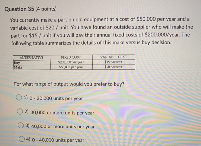 Question 35 (4 points) You currently make a part