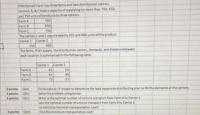 please help answer in excel O'McDonald Farm has