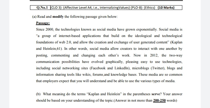 Q.No.1 (CLO 3): (Affective Level A4, i.e.,