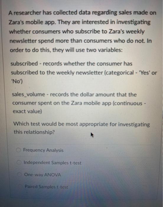 A researcher has collected data regarding sales