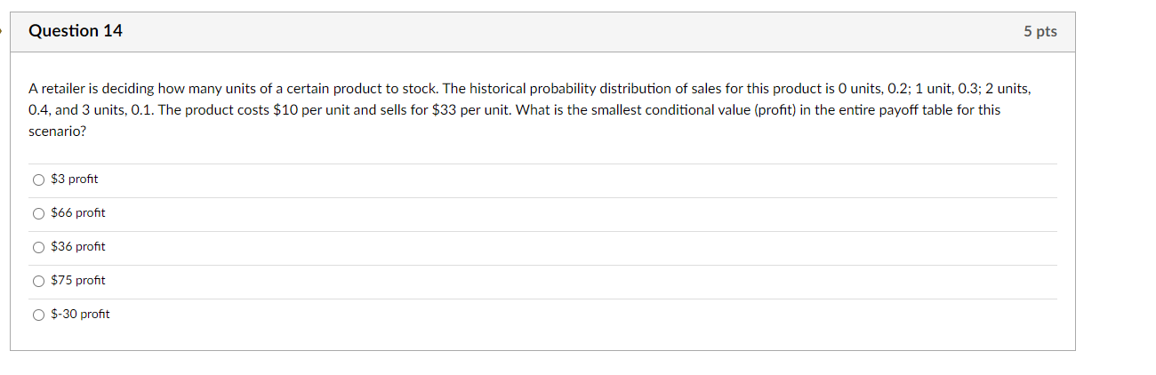 5 pts Question 14 A retailer is deciding how many