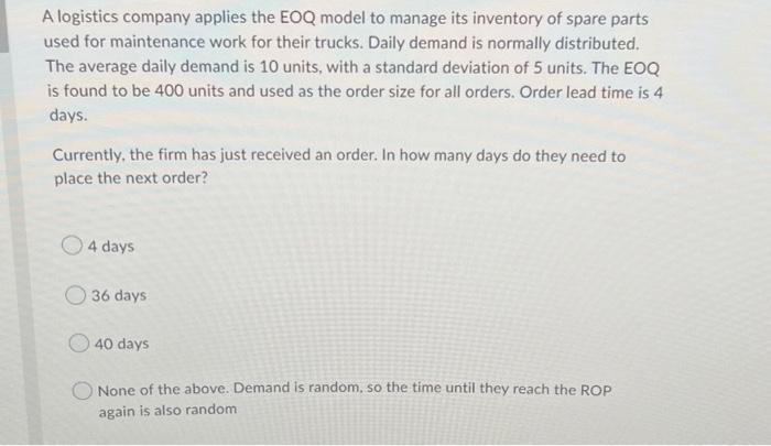 A logistics company applies the EOQ model to