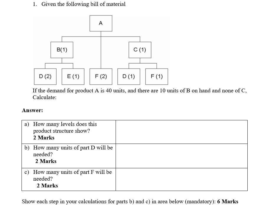 1. Given the following bill of material A B(1) C