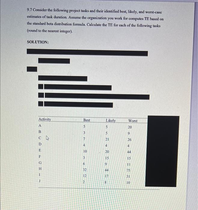 9.7 Consider the following project tasks and