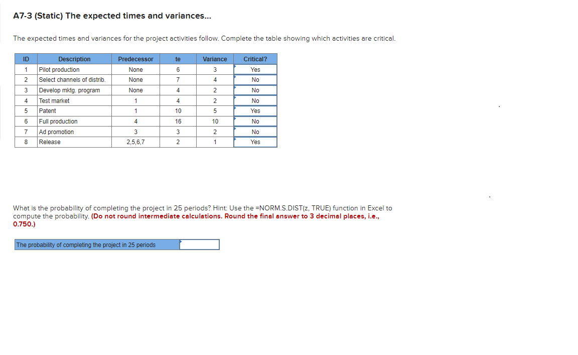 A7-3 (Static) The expected times and variances...