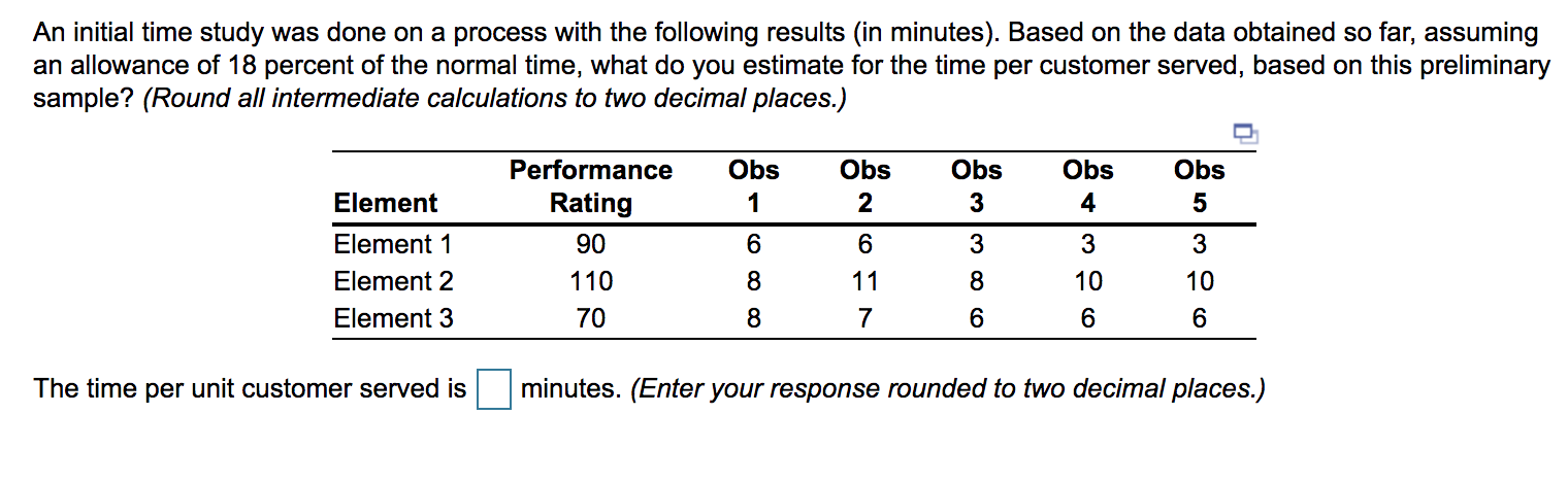 An initial time study was done on a process with