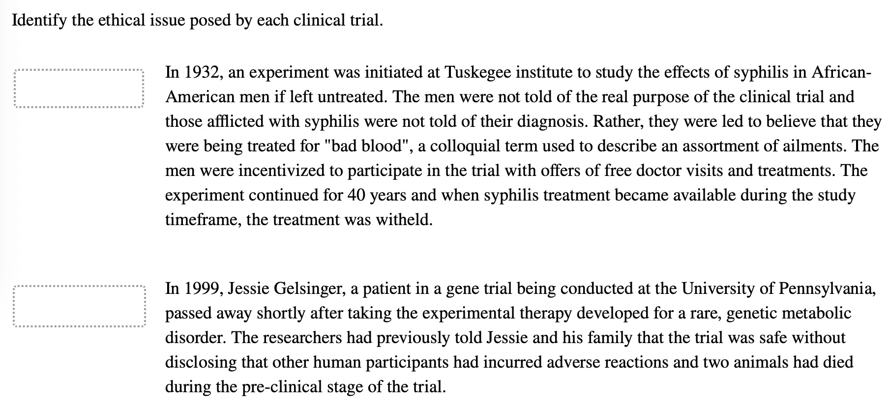 Identify the ethical issue posed by each clinical