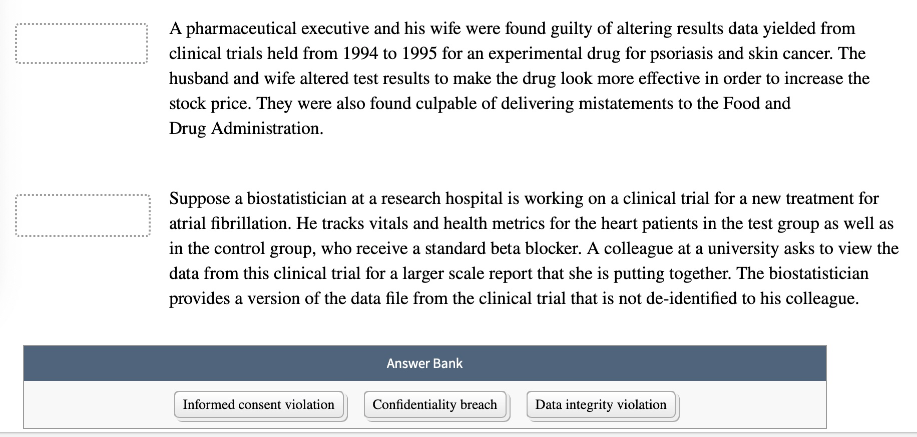 Identify the ethical issue posed by each clinical