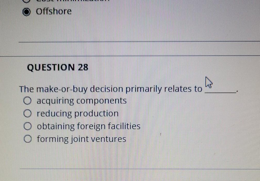 Offshore QUESTION 28 The make-or-buy decision