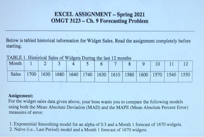 EXCEL ASSIGNMENT - Spring 2021 OMGT 3123 - Ch. 9